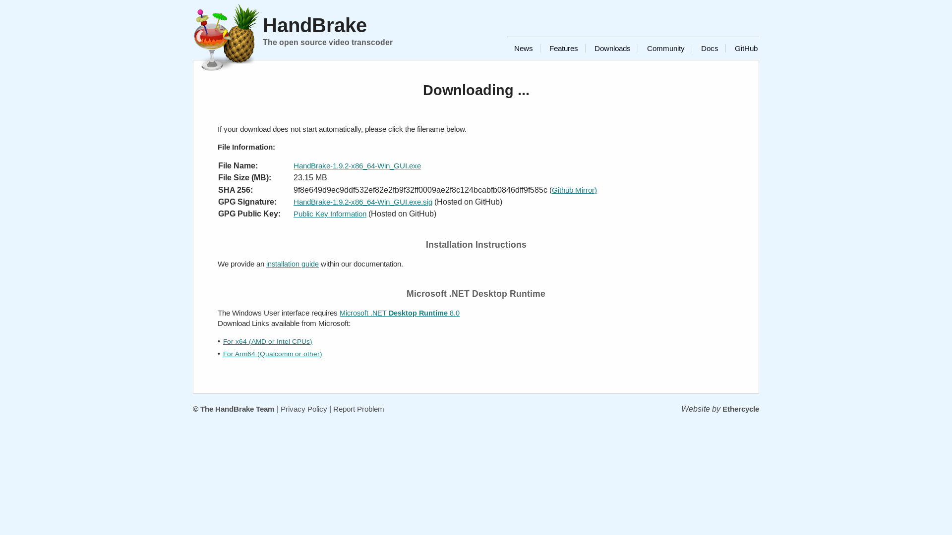 website screenshot of https://handbrake.fr/rotation.php?file=HandBrake-1.9.2-x86_64-Win_GUI.exe
