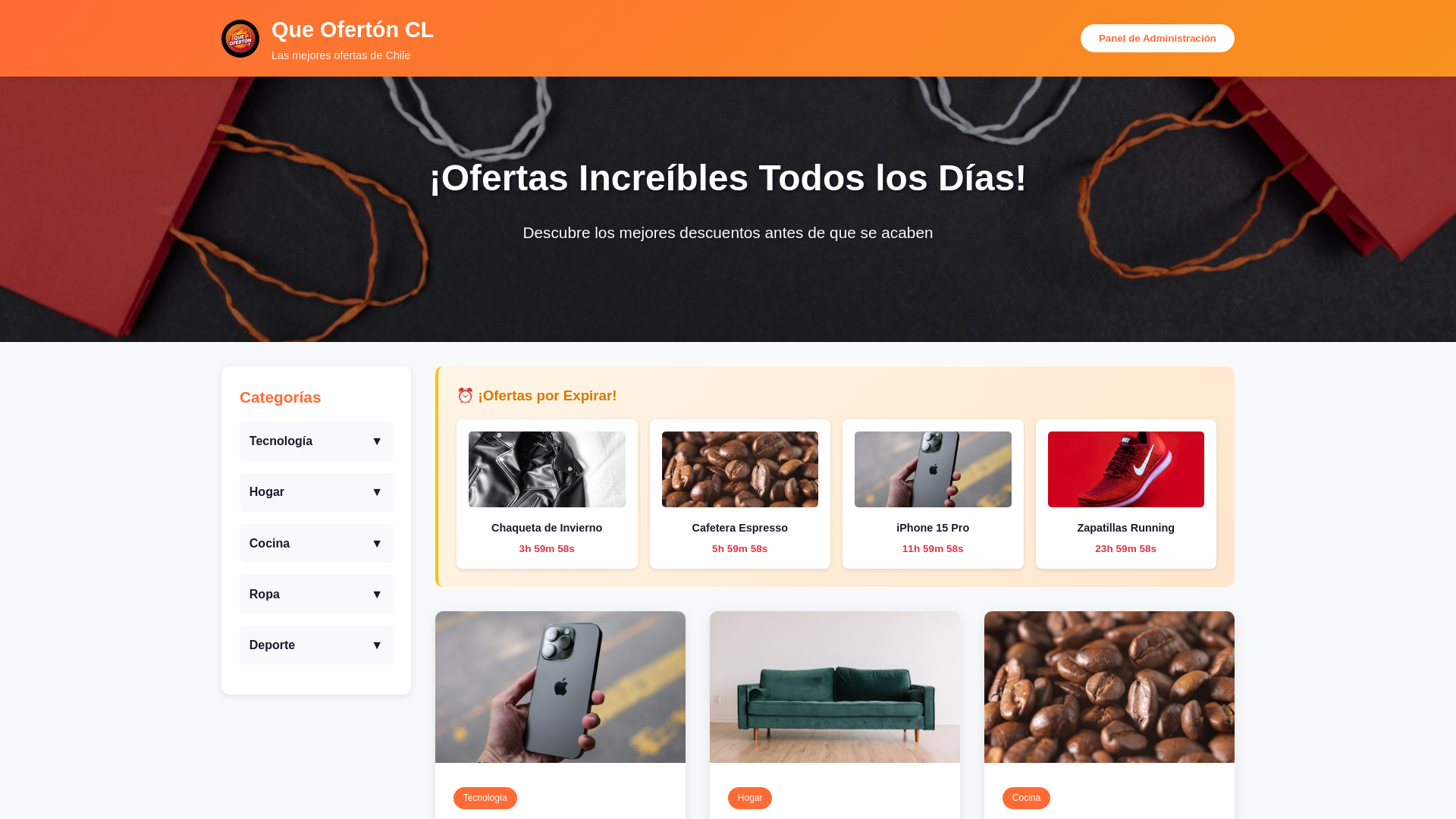 website screenshot of https://queofertoncl.com/