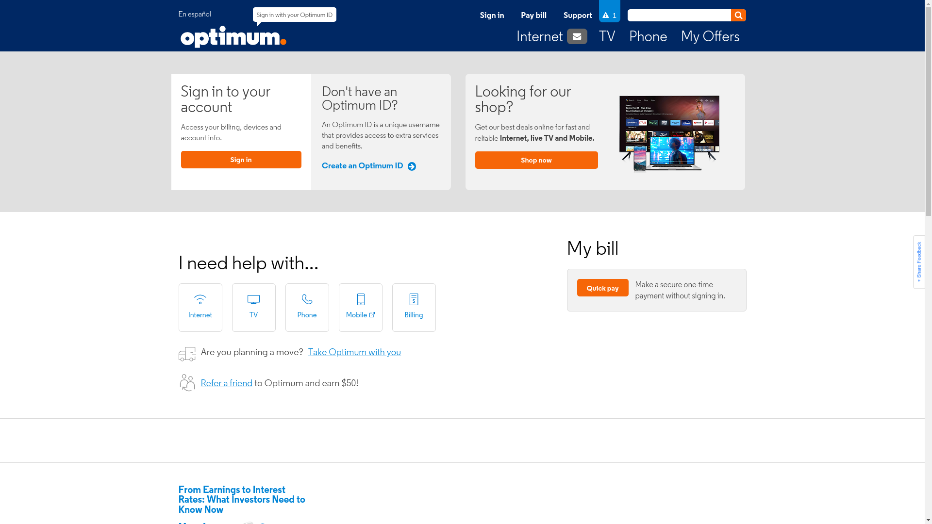 website screenshot of https://optimum.net/
