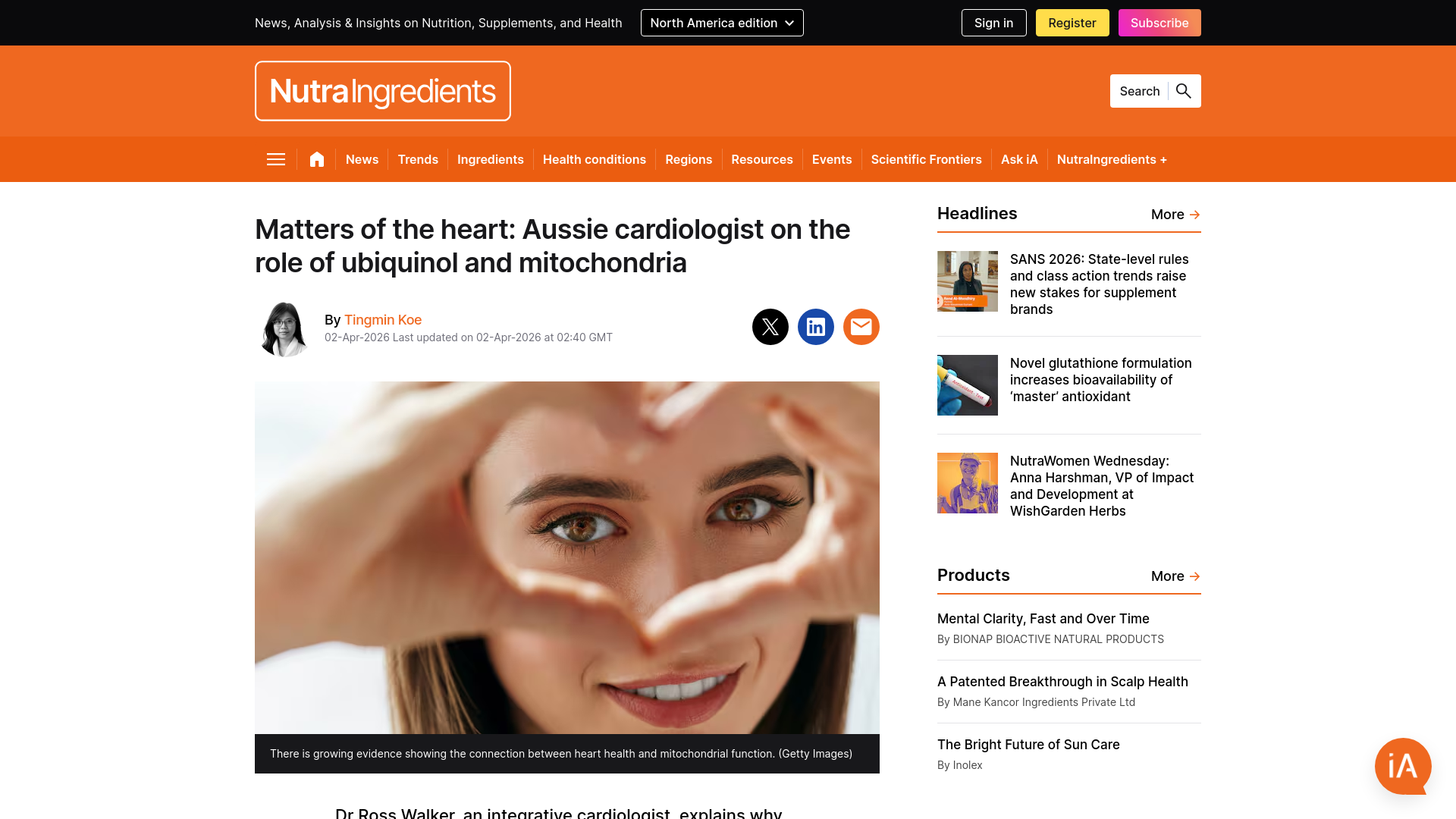 website screenshot of https://www.nutraingredients.com/Article/2026/04/02/aussie-cardiologist-dr-ross-walker-on-the-role-of-ubiquinol-and-mitochondria/