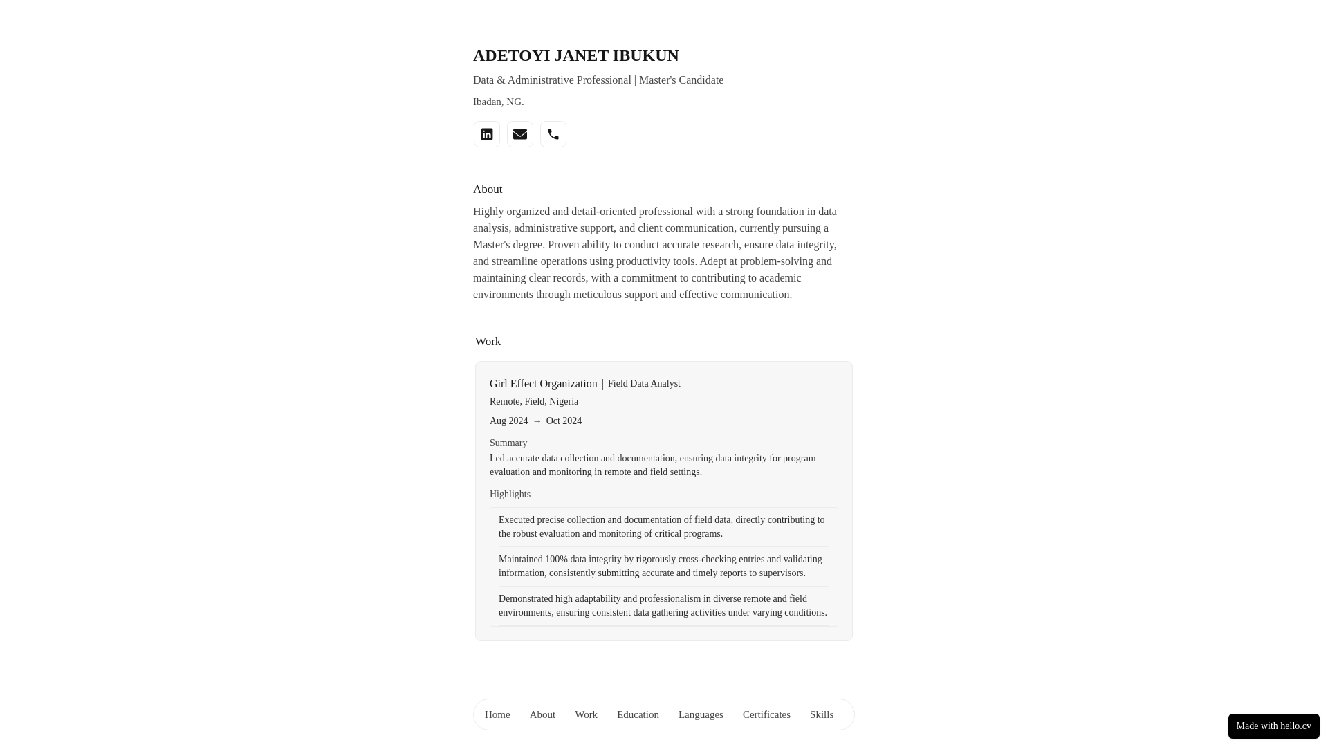 website screenshot of https://janetadetoyi.cv