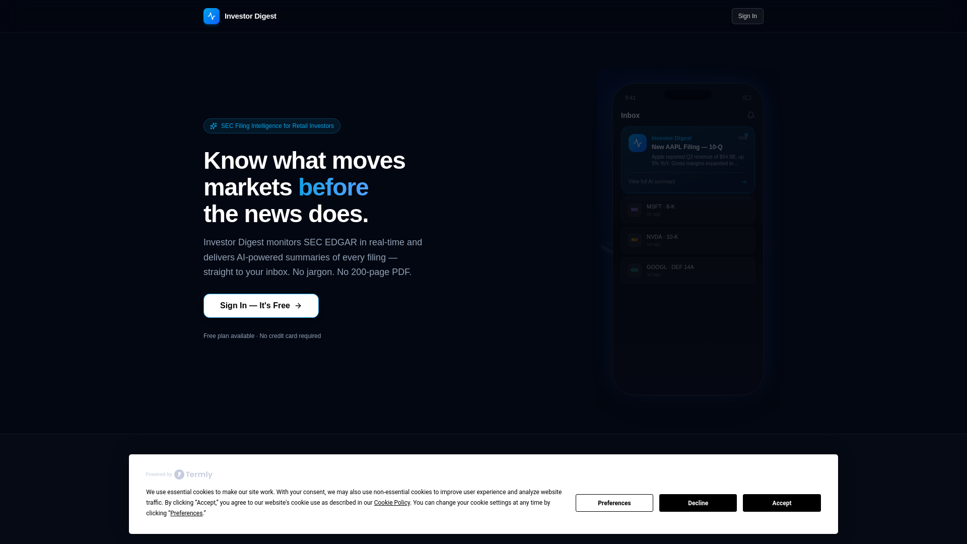 website screenshot of https://investordigest.app