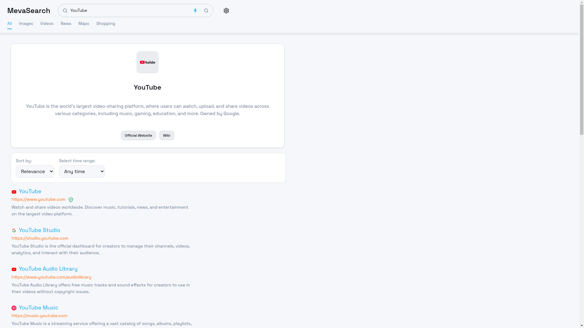 website screenshot of https://mevasearch.org/results/en/?q=YouTube