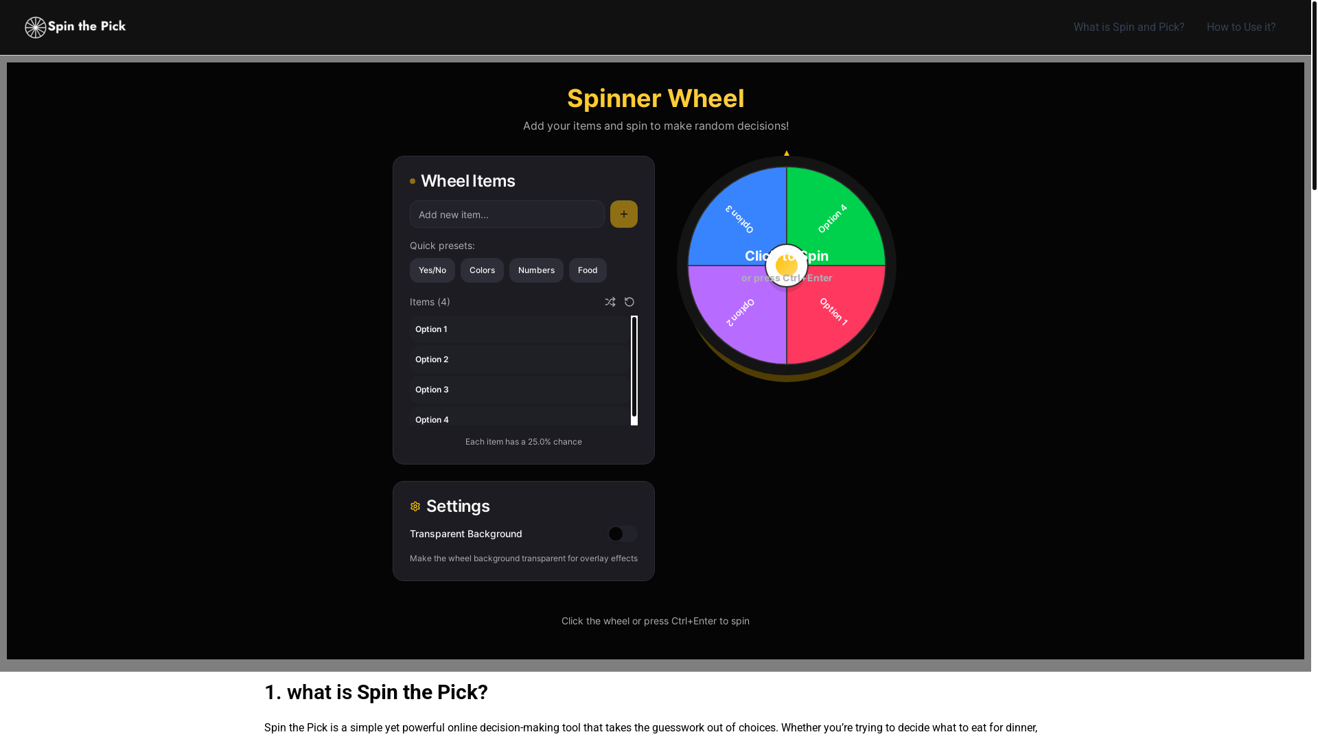 website screenshot of https://spinthepick.com/