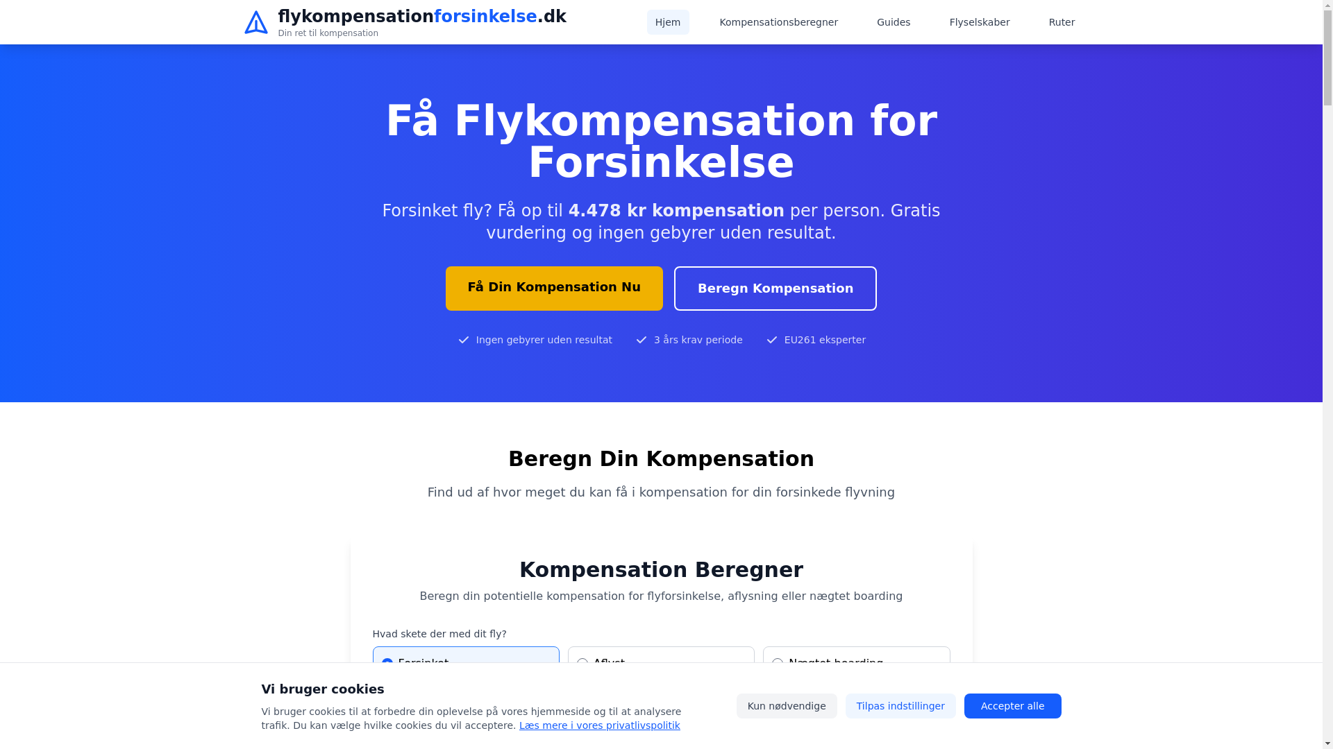website screenshot of https://flykompensationforsinkelse.dk/