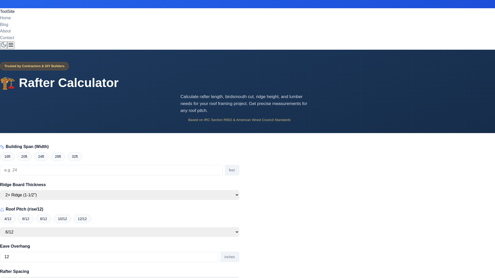 website screenshot of https://raftercalculator.pages.dev/