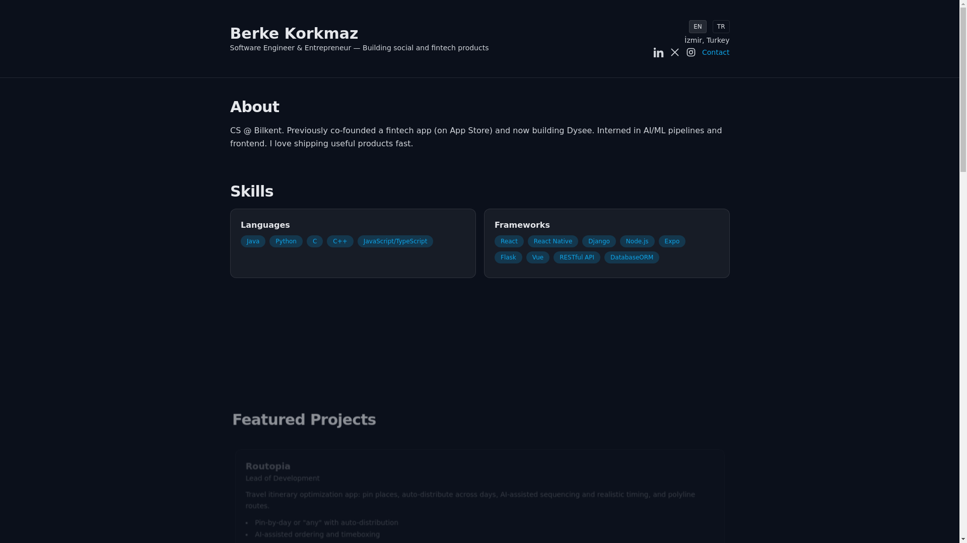 website screenshot of https://berkekorkmaz.com.tr/