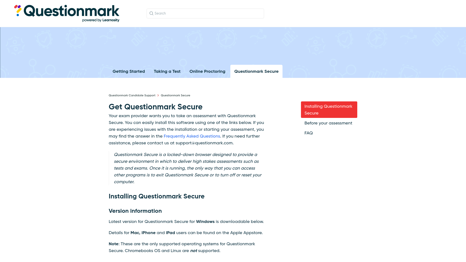 website screenshot of https://candidate-support.questionmark.com/hc/en-us/articles/13520859889179-Get-Questionmark-Secure