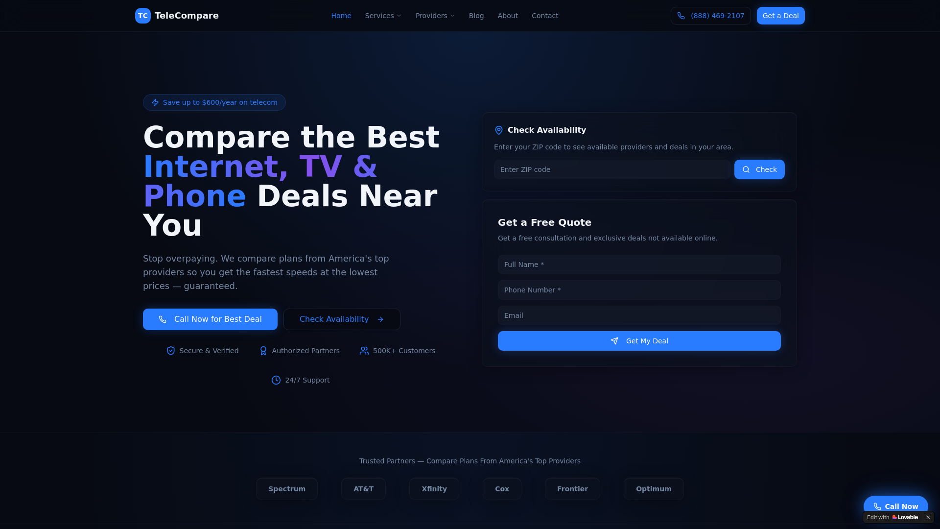website screenshot of https://telecompare.online