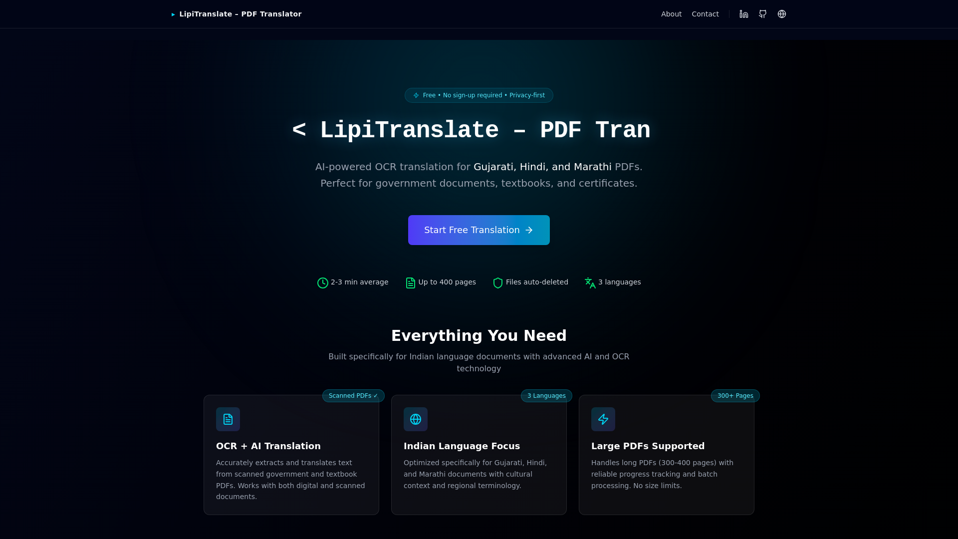 website screenshot of https://lipitranslate.in/