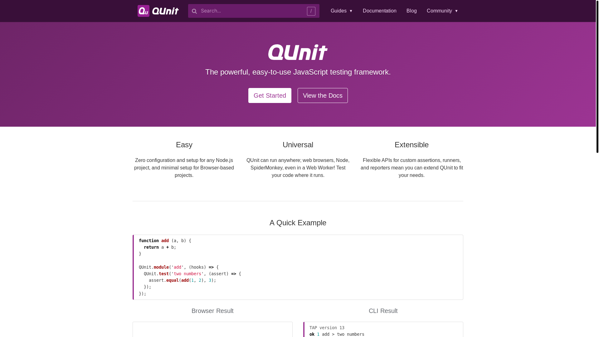 website screenshot of https://qunitjs.com/