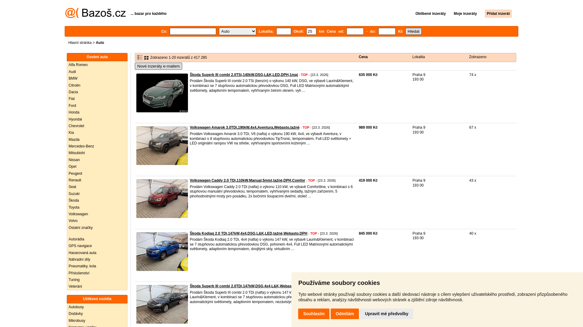 website screenshot of https://auto.bazos.cz