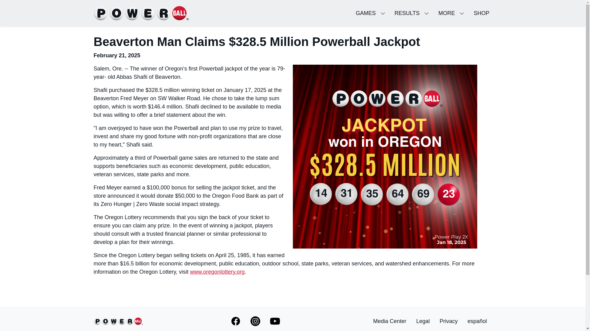 website screenshot of https://www.powerball.com/beaverton-man-wins-328.5-million-powerball-jackpot