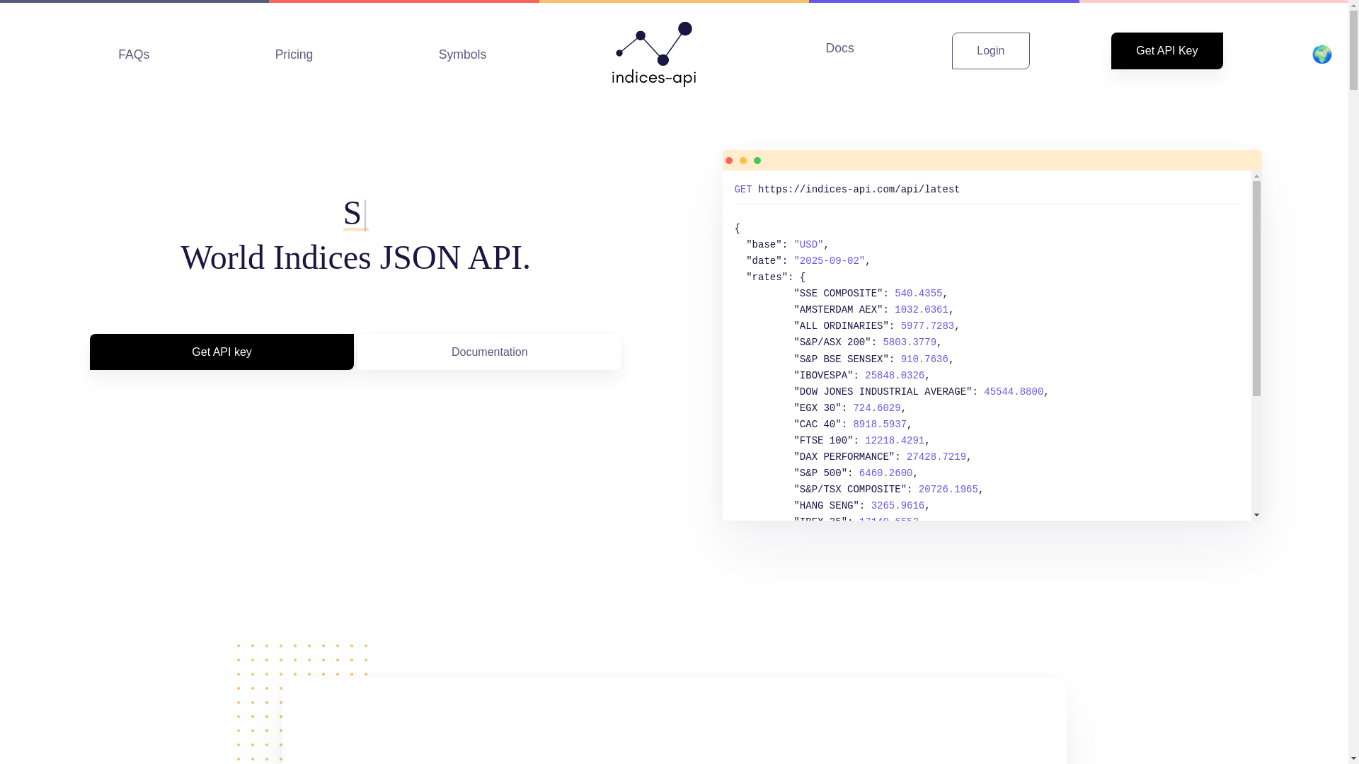 website screenshot of https://indicesapi.com/