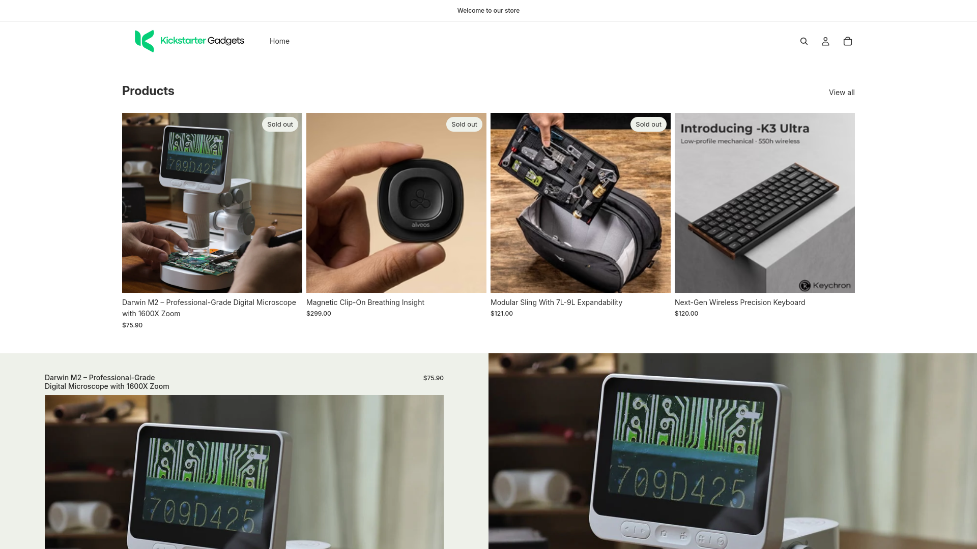 website screenshot of https://kickstartergadgets.store/