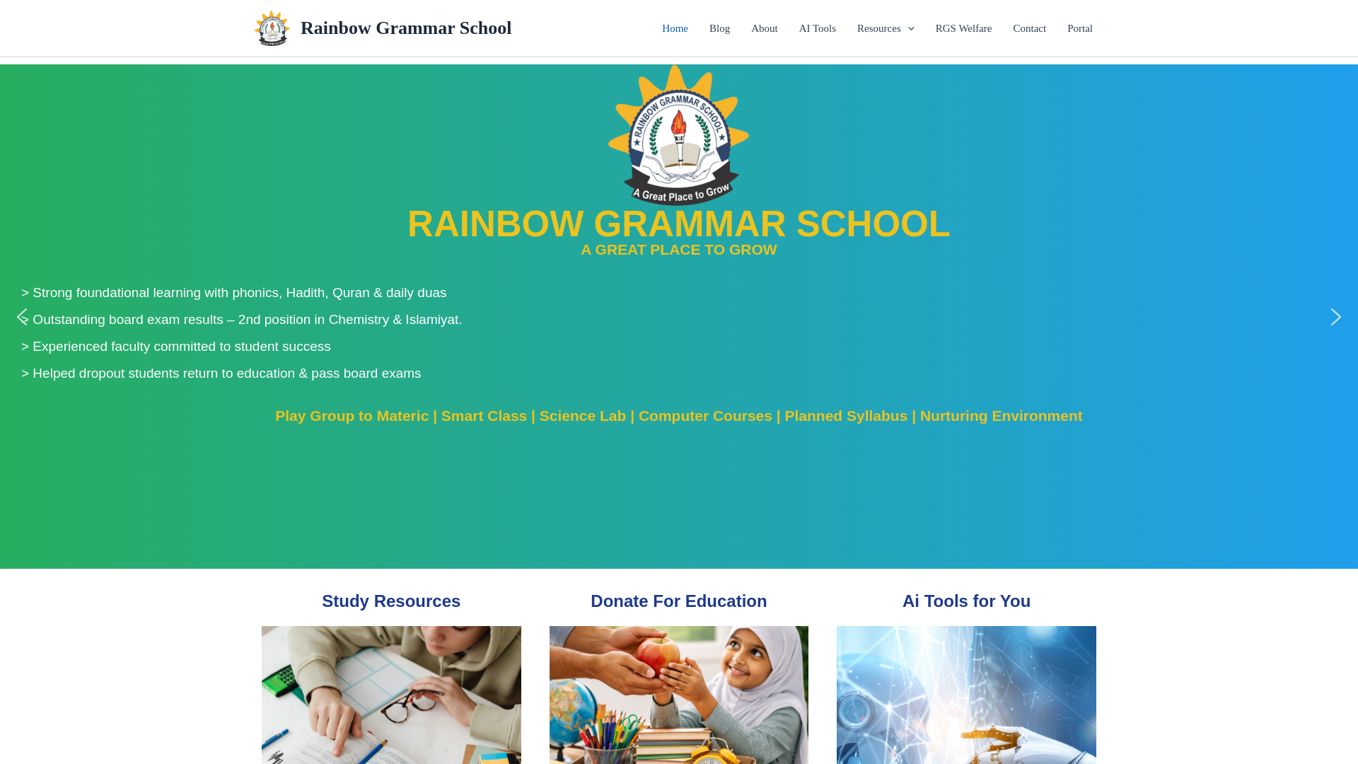 website screenshot of https://rainbowgrammar.pk/