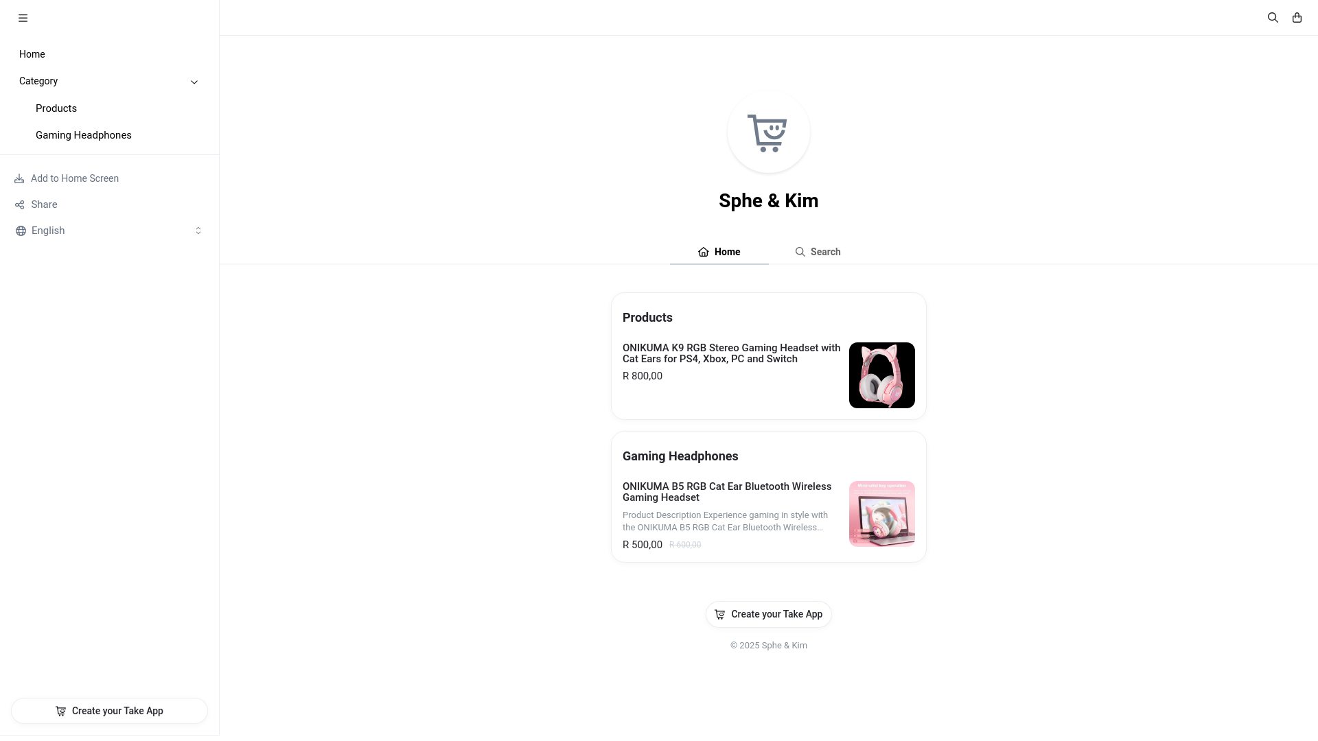 website screenshot of https://spheandkim.shop/