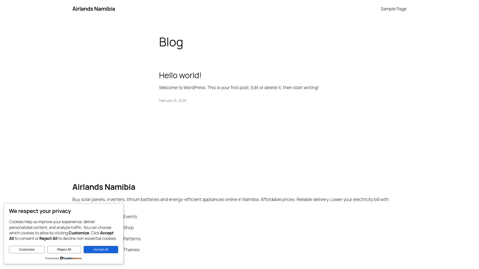 website screenshot of https://airlandsnamibia.com/