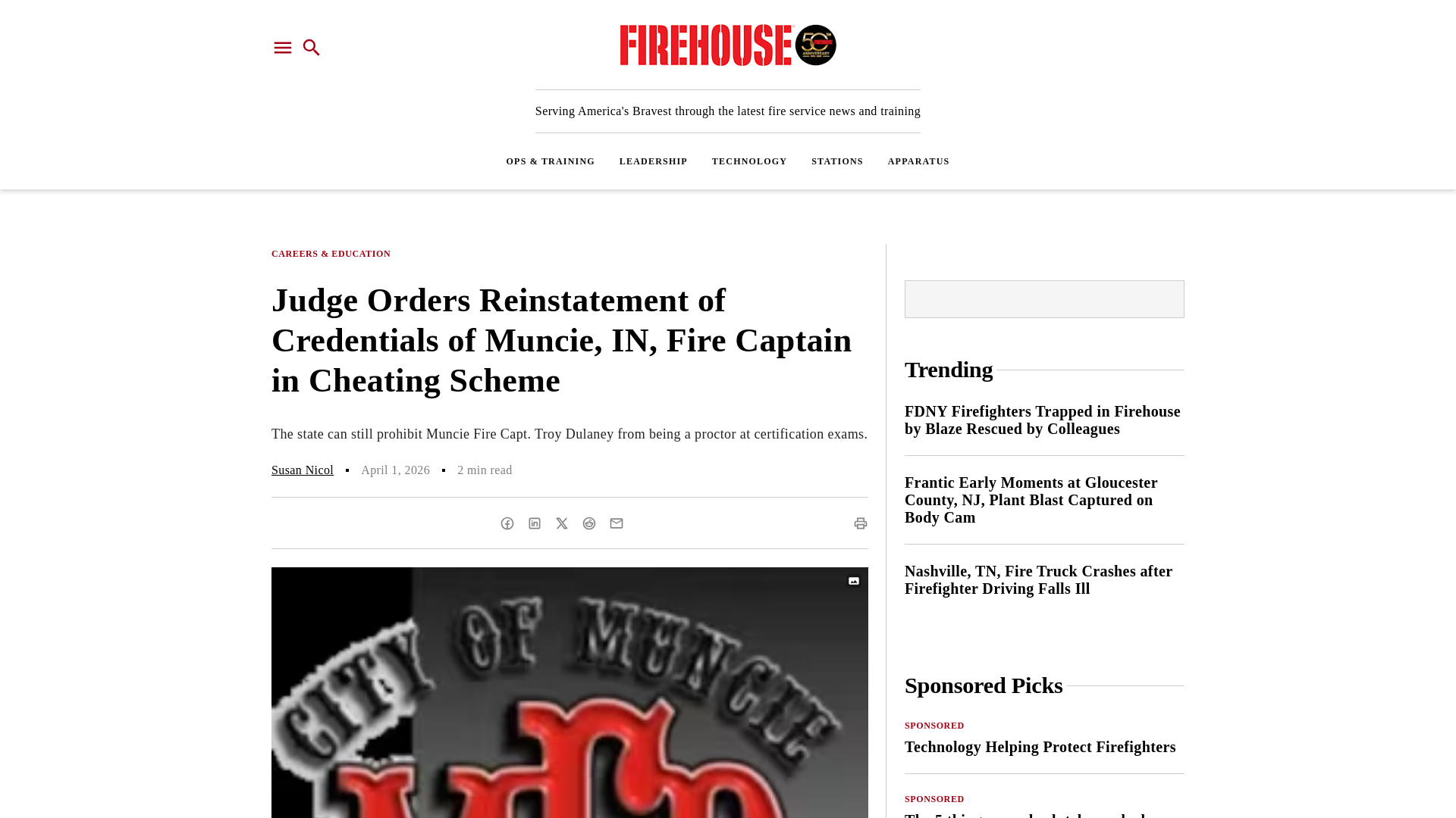website screenshot of https://www.firehouse.com/careers-education/news/55367918/judge-orders-state-to-reinstate-credentials-of-muncie-in-fire-captain
