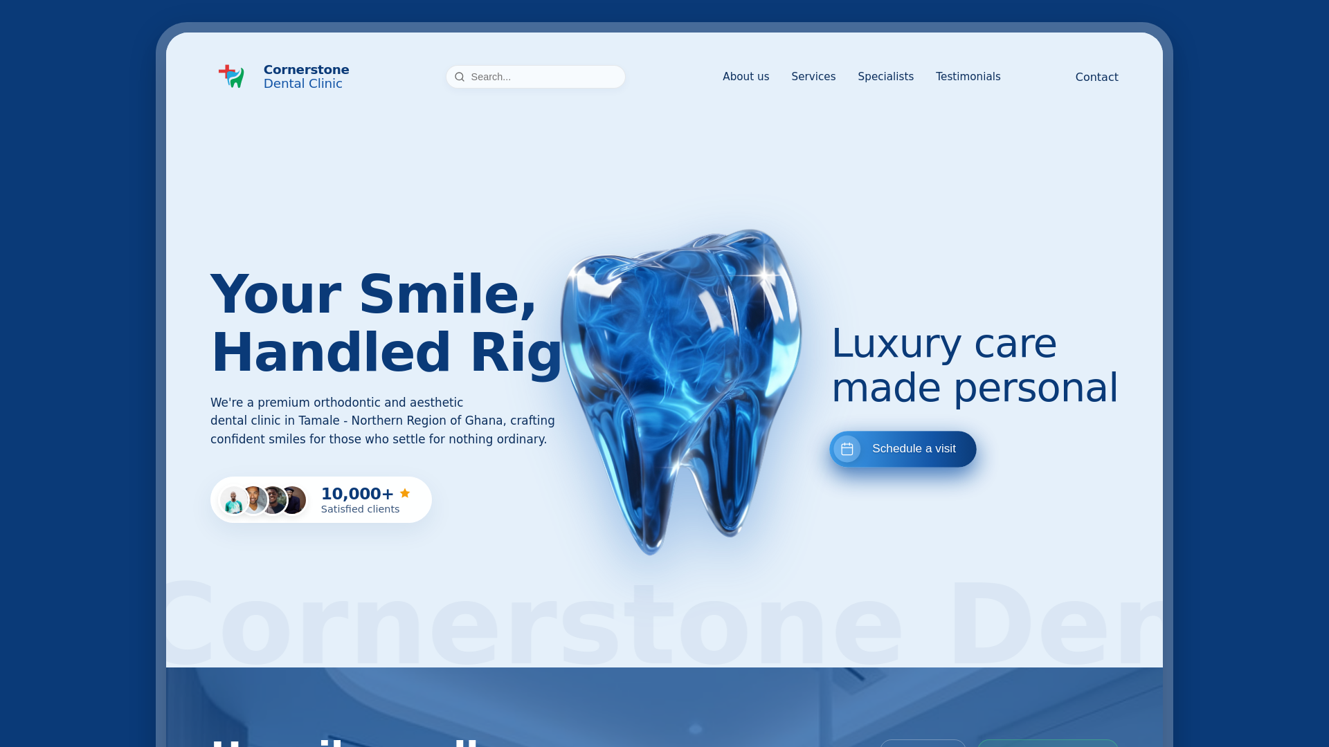 website screenshot of https://cornerstonedentalclinicgh.com/