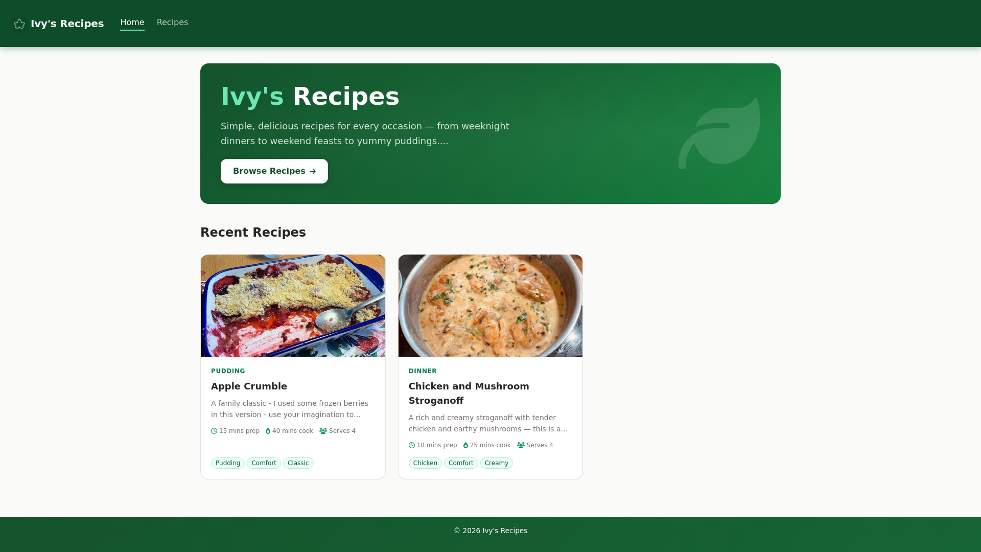 website screenshot of https://ivys-recipes.net
