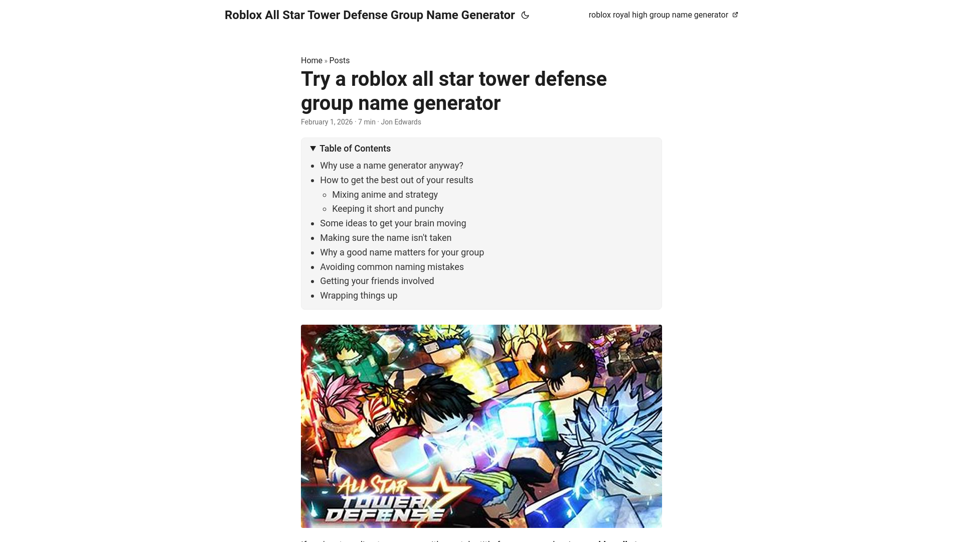 website screenshot of https://roblox-all-star-tower-defense-group-name-generator.pages.dev/