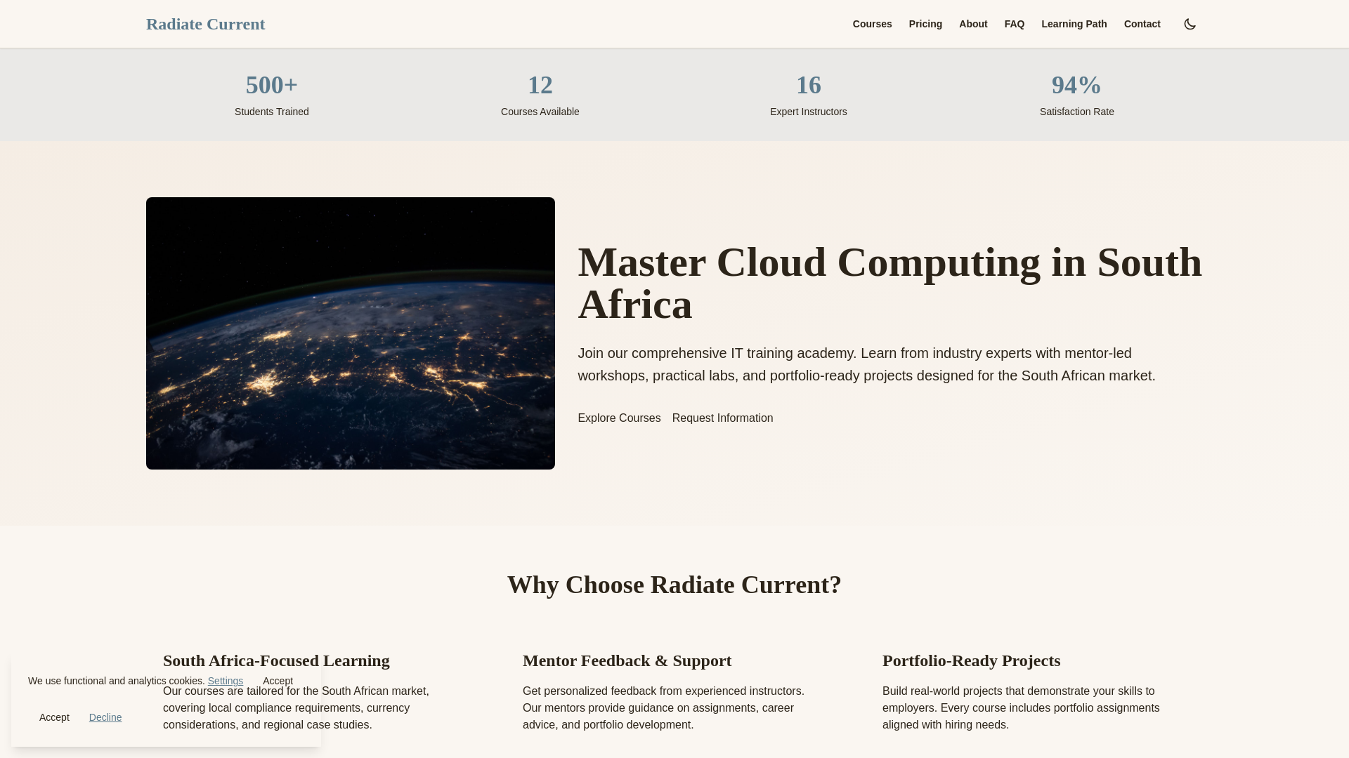 website screenshot of https://radiate-current.digital/