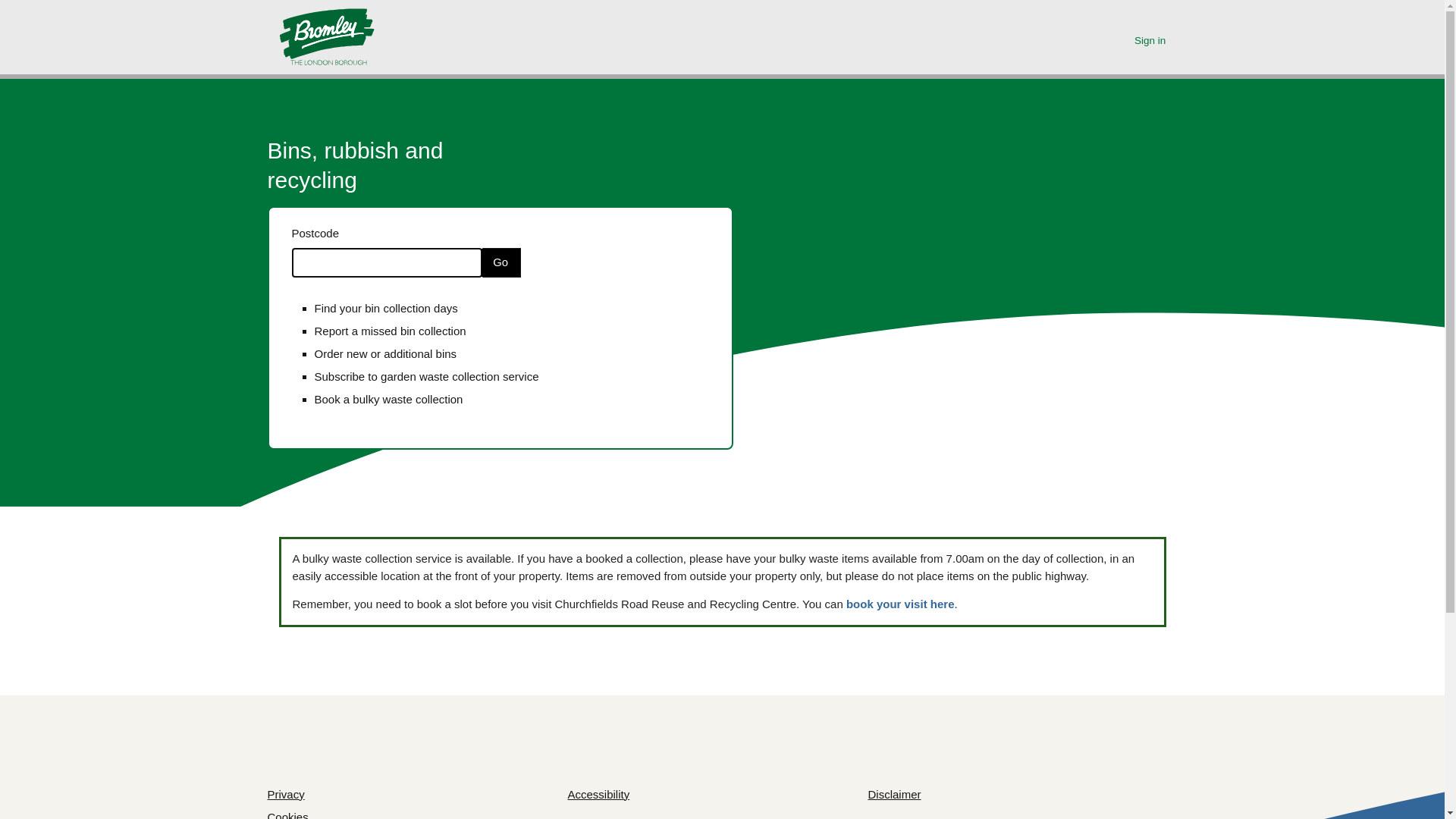 website screenshot of https://recyclingservices.bromley.gov.uk/waste