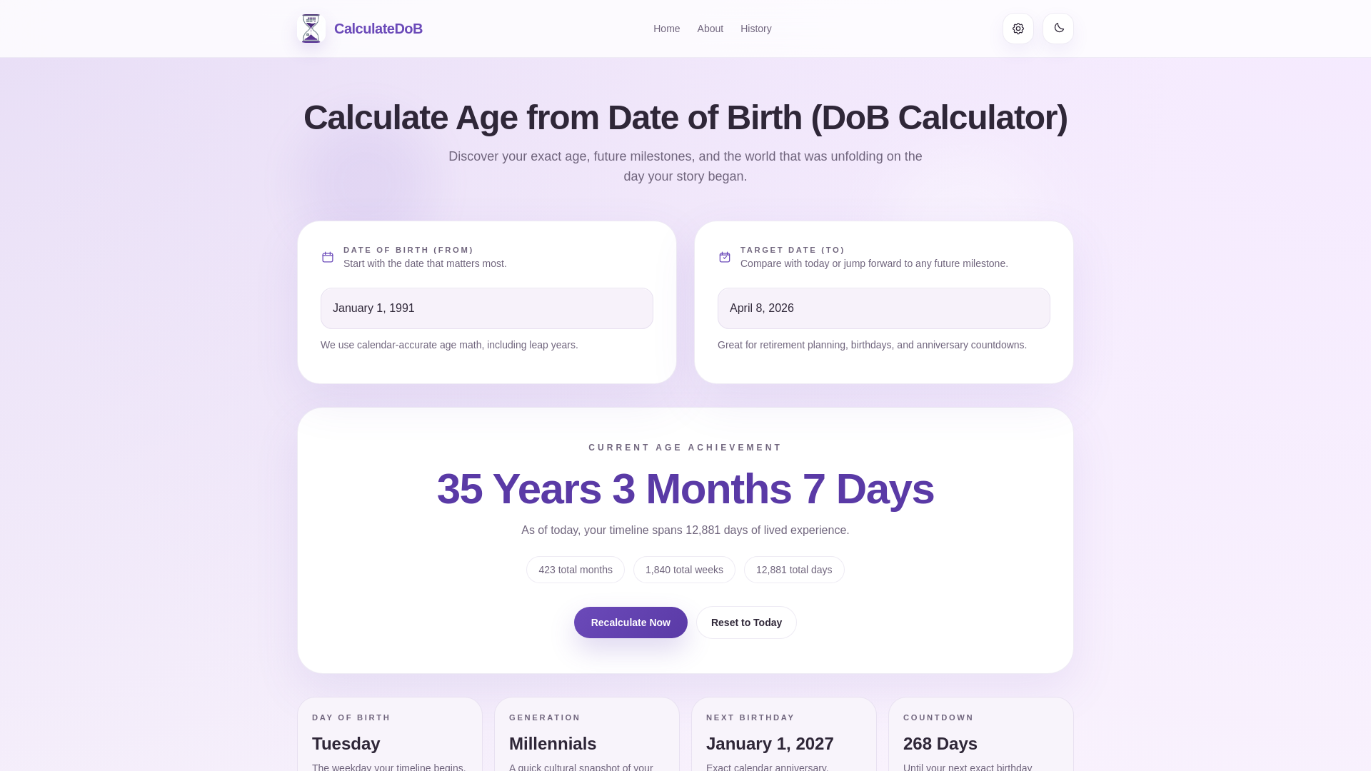 website screenshot of https://calculatedob.com/