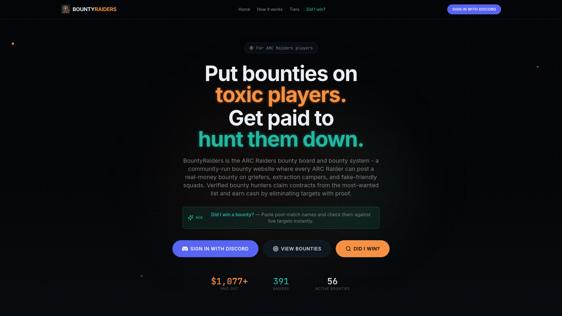 website screenshot of https://bountyraiders.com/