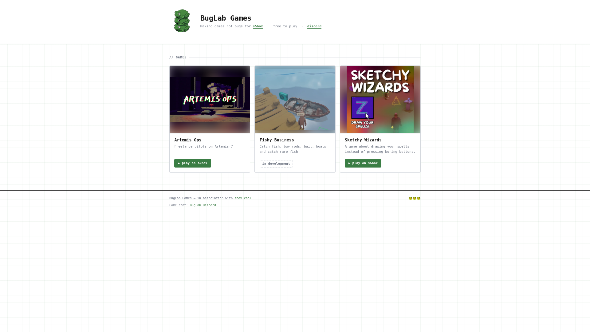 website screenshot of https://buglabgames.com