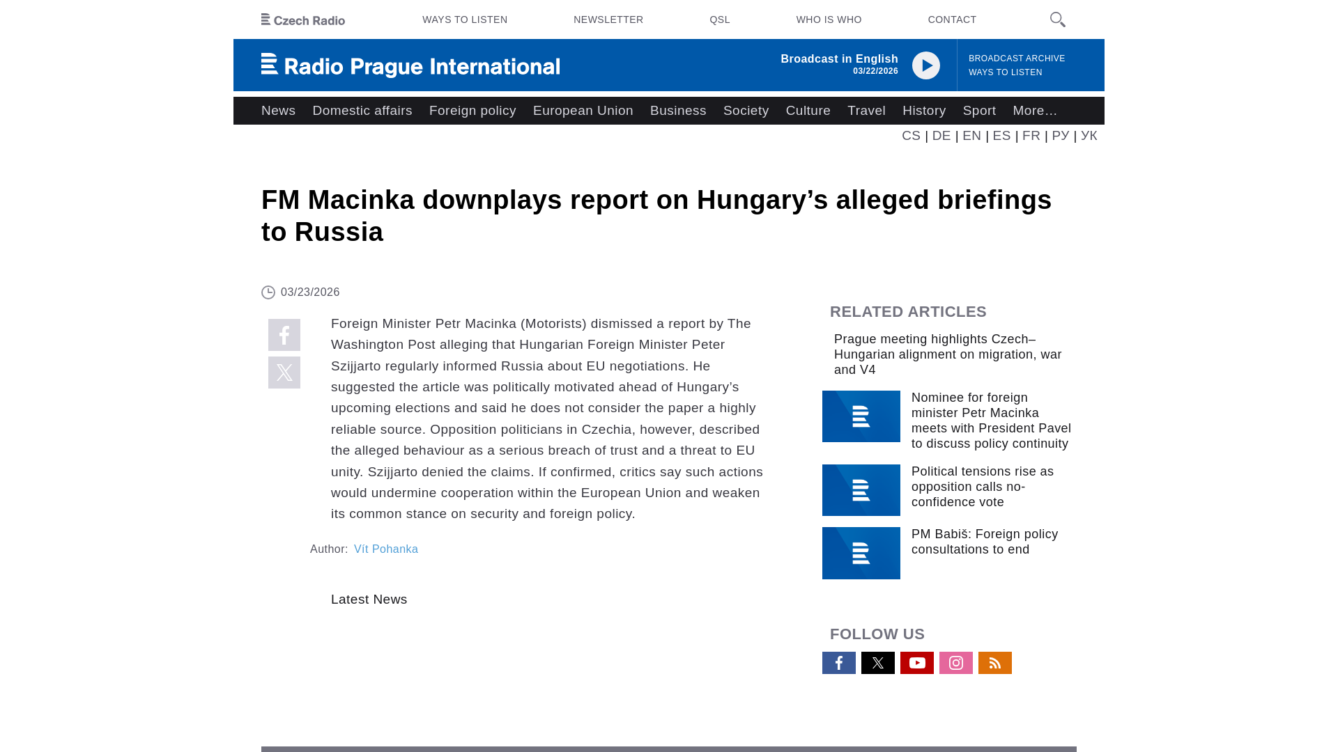 website screenshot of https://english.radio.cz/fm-macinka-downplays-report-hungarys-alleged-briefings-russia-8881436
