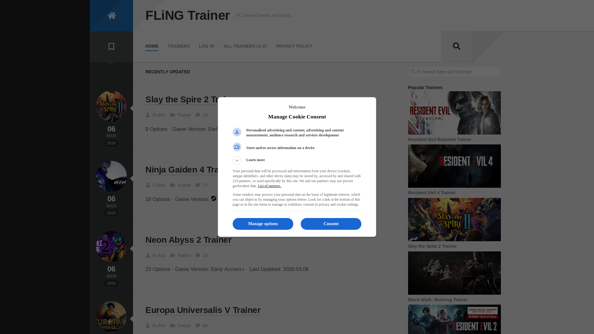 website screenshot of https://flingtrainer.com/