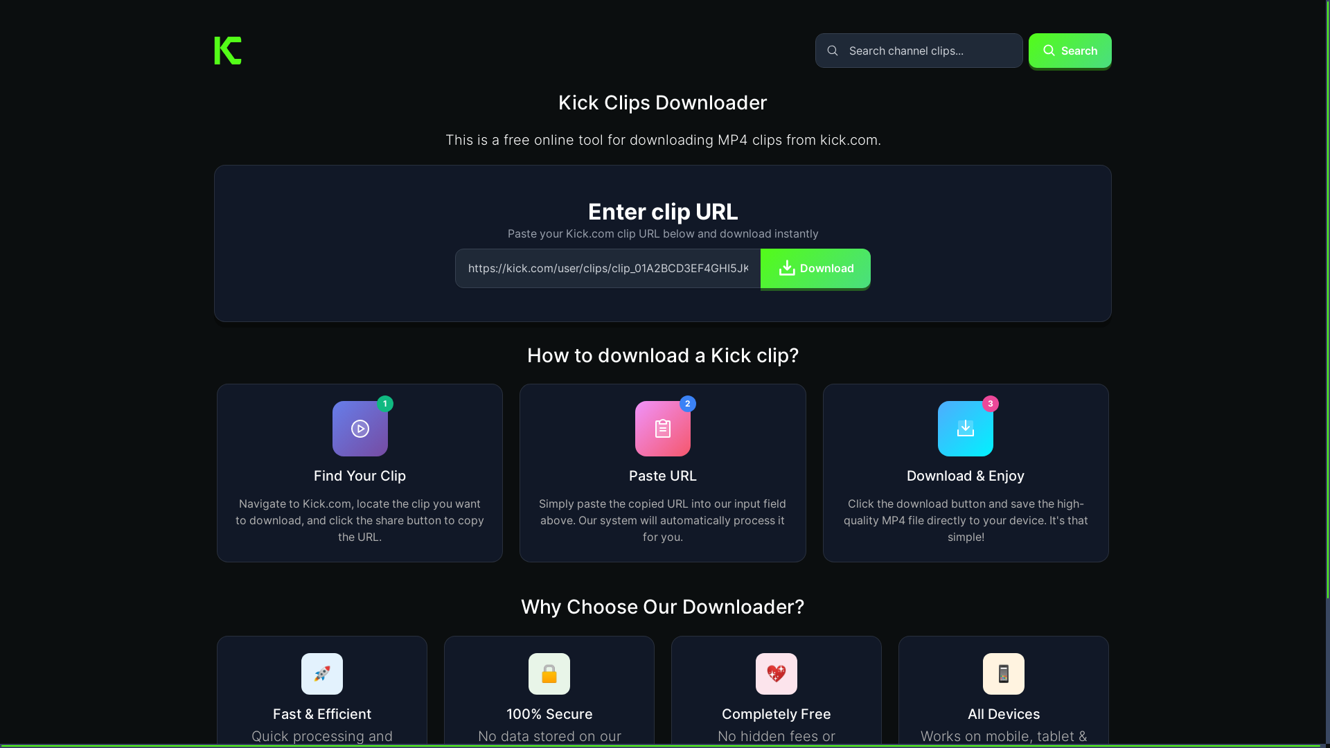 website screenshot of https://kickclipify.com/
