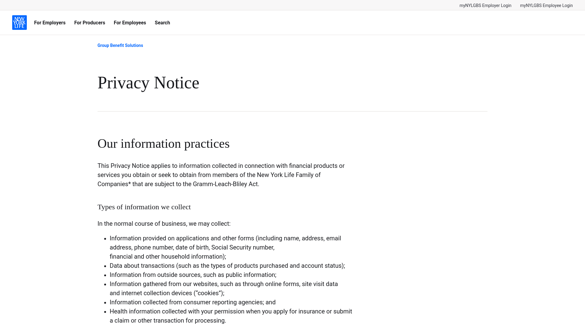 website screenshot of https://www.newyorklife.com/group-benefit-solutions/privacy-notice