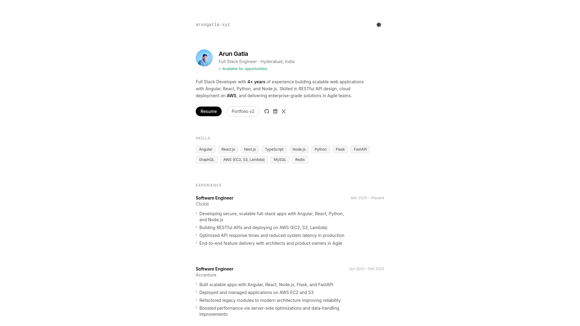 website screenshot of https://arungatla.xyz/