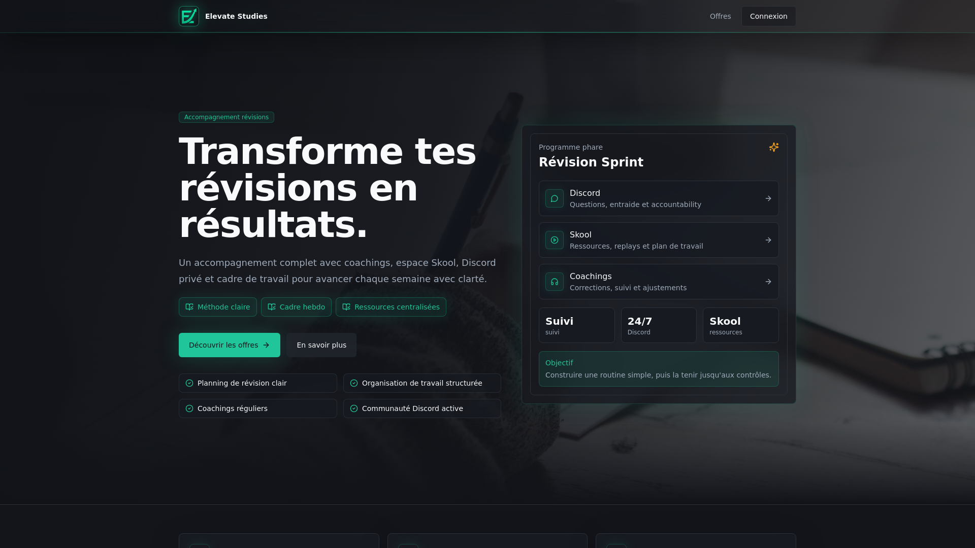 website screenshot of https://elevatestudies.fr/