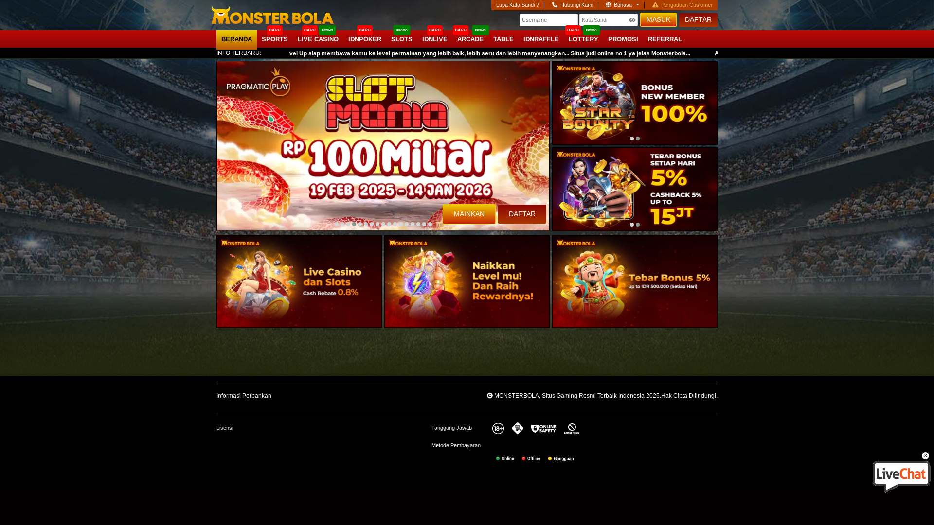 website screenshot of https://monsterbola195.com/