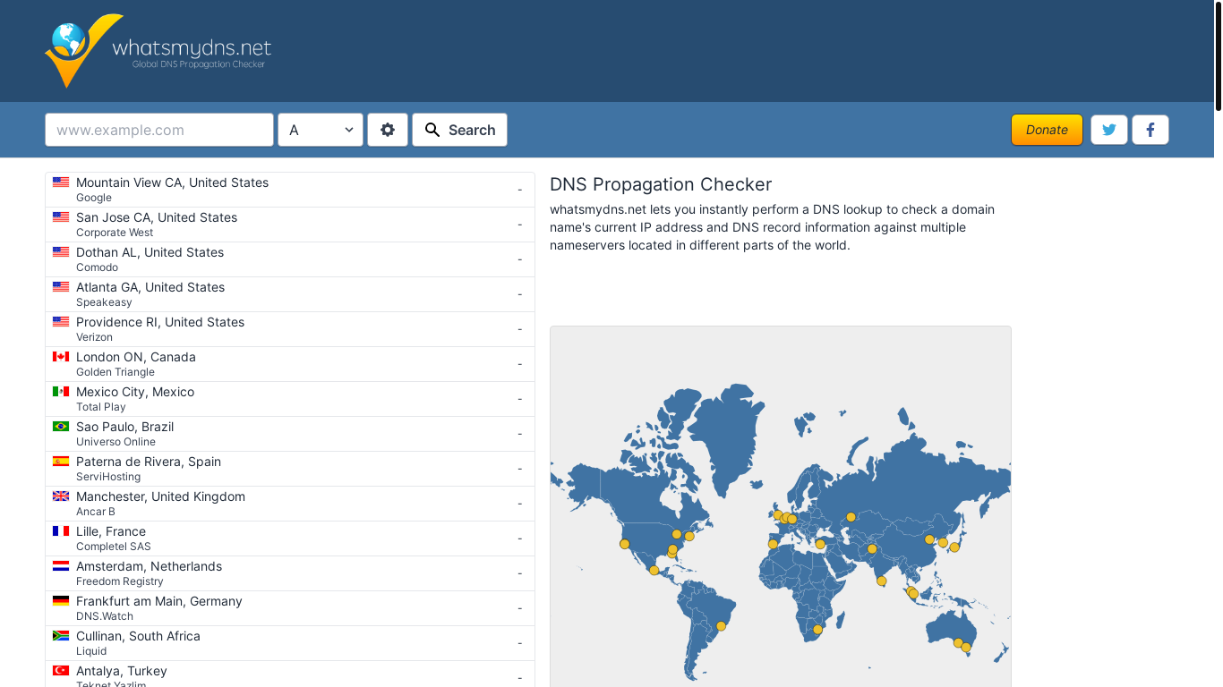 website screenshot of https://www.whatsmydns.net/