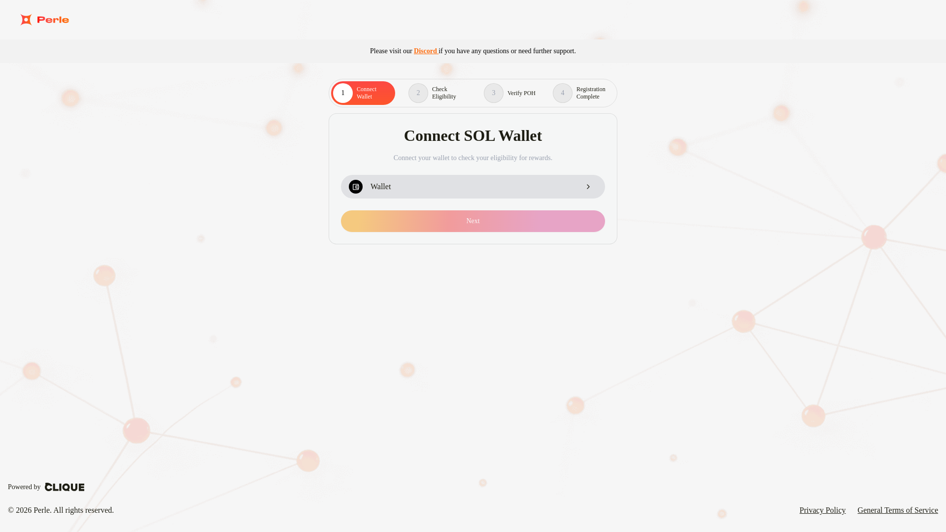 website screenshot of https://register.perle.life