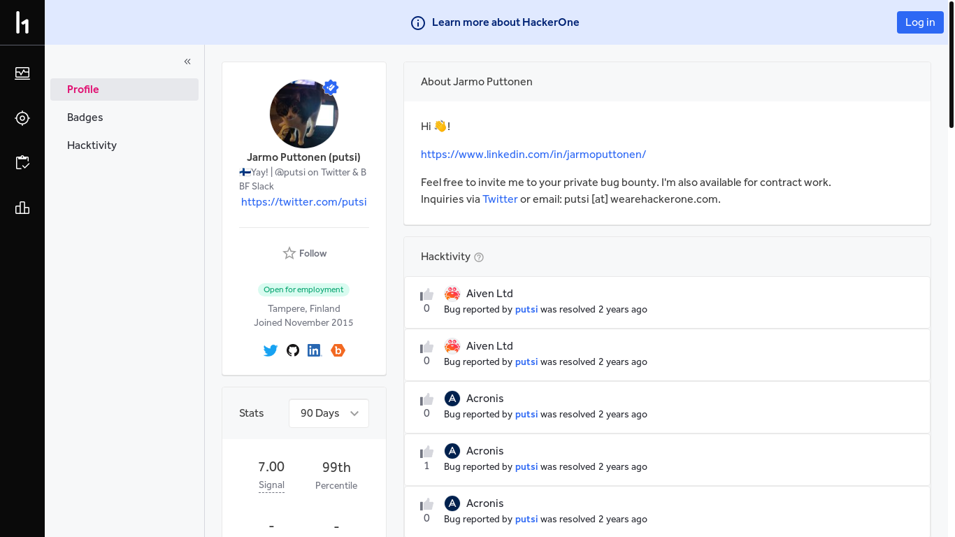 website screenshot of https://hackerone.com/putsi?type=user