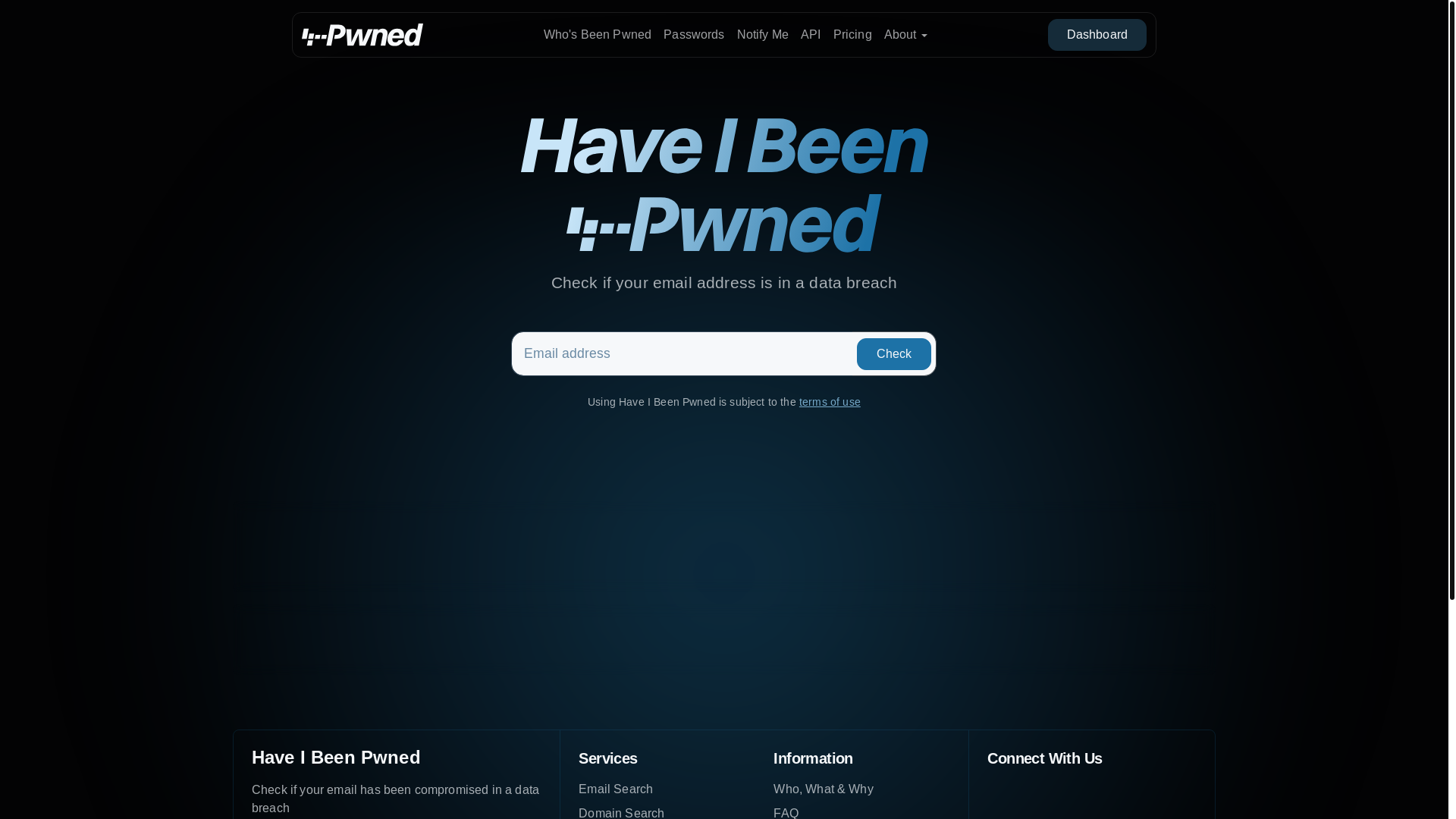 website screenshot of https://haveibeenpwned.com/