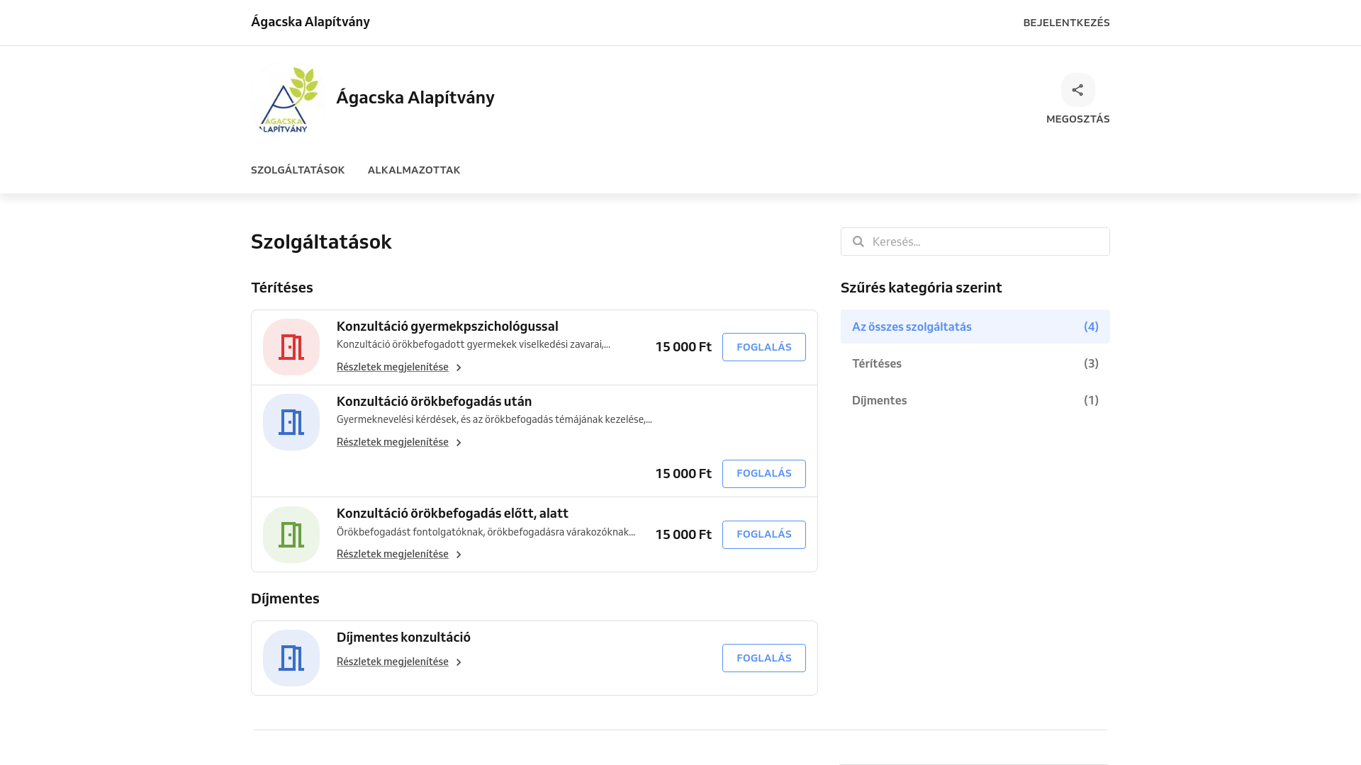 website screenshot of https://agacska-alapitvany.reservio.com/