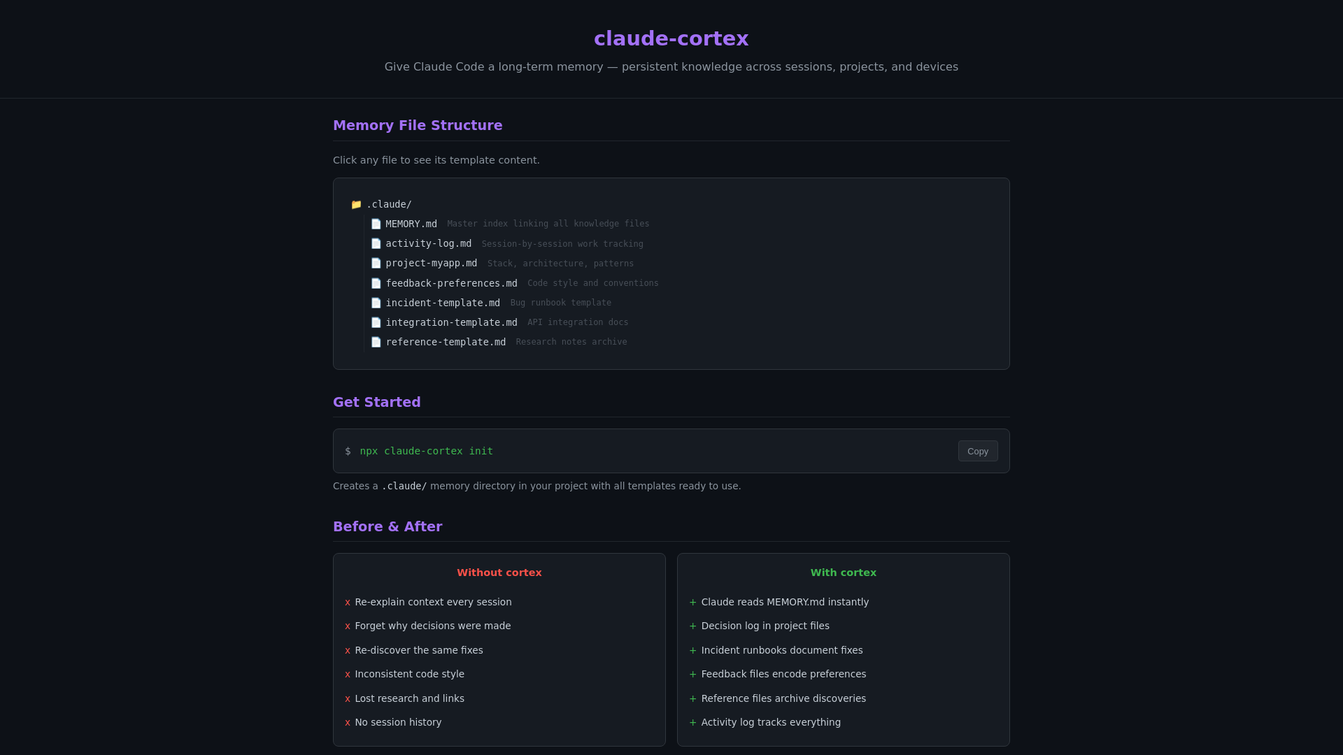 website screenshot of https://claude-cortex-demo.pages.dev/