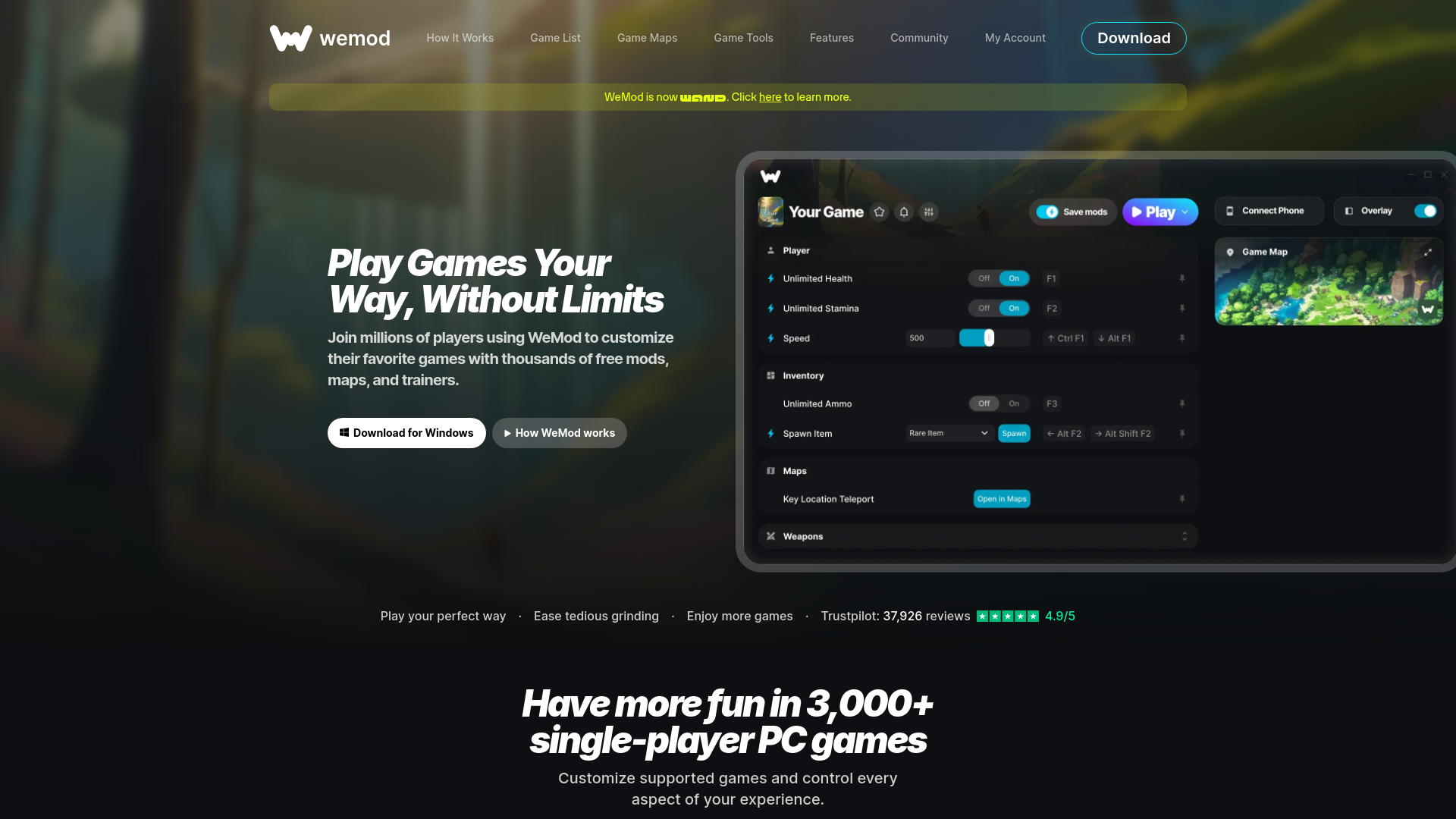 website screenshot of https://wemod.com/