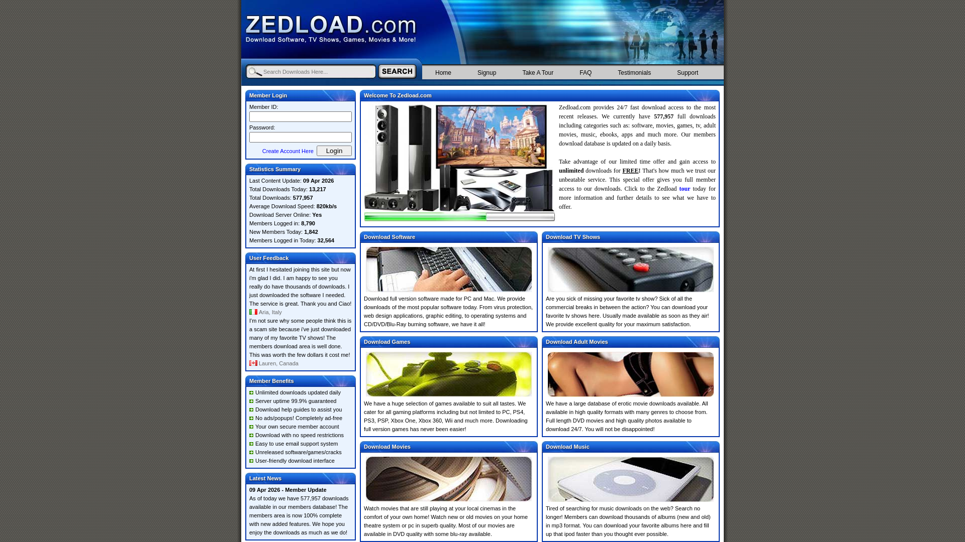 website screenshot of https://www.zedload.com/