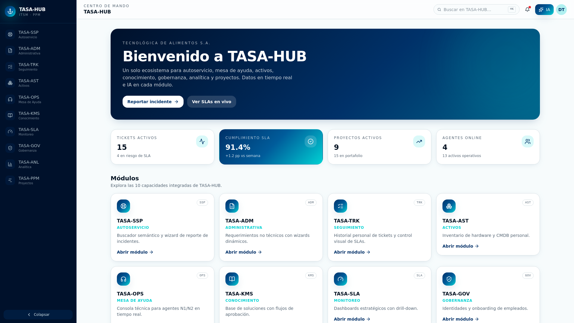 website screenshot of https://tasaproyectoitsm.app/