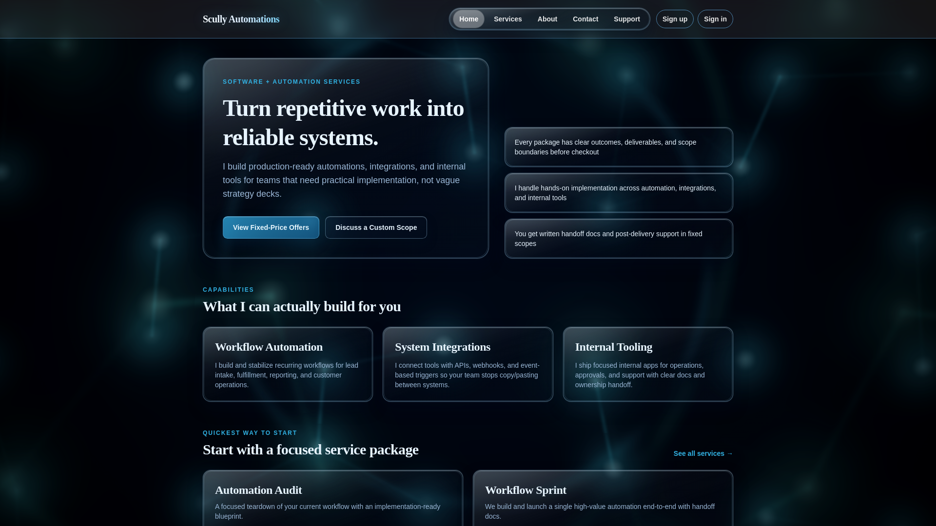 website screenshot of https://scullyautomations.com/
