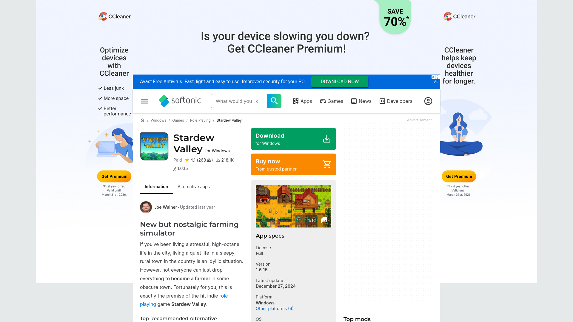 website screenshot of https://stardew-valley.en.softonic.com/
