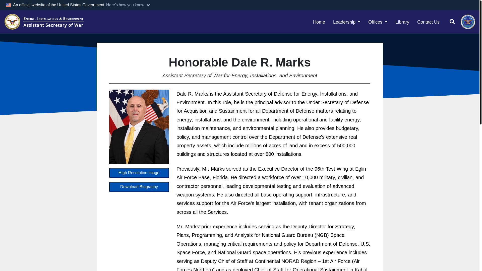 website screenshot of https://www.acq.osd.mil/eie/leadership/dale-marks.html
